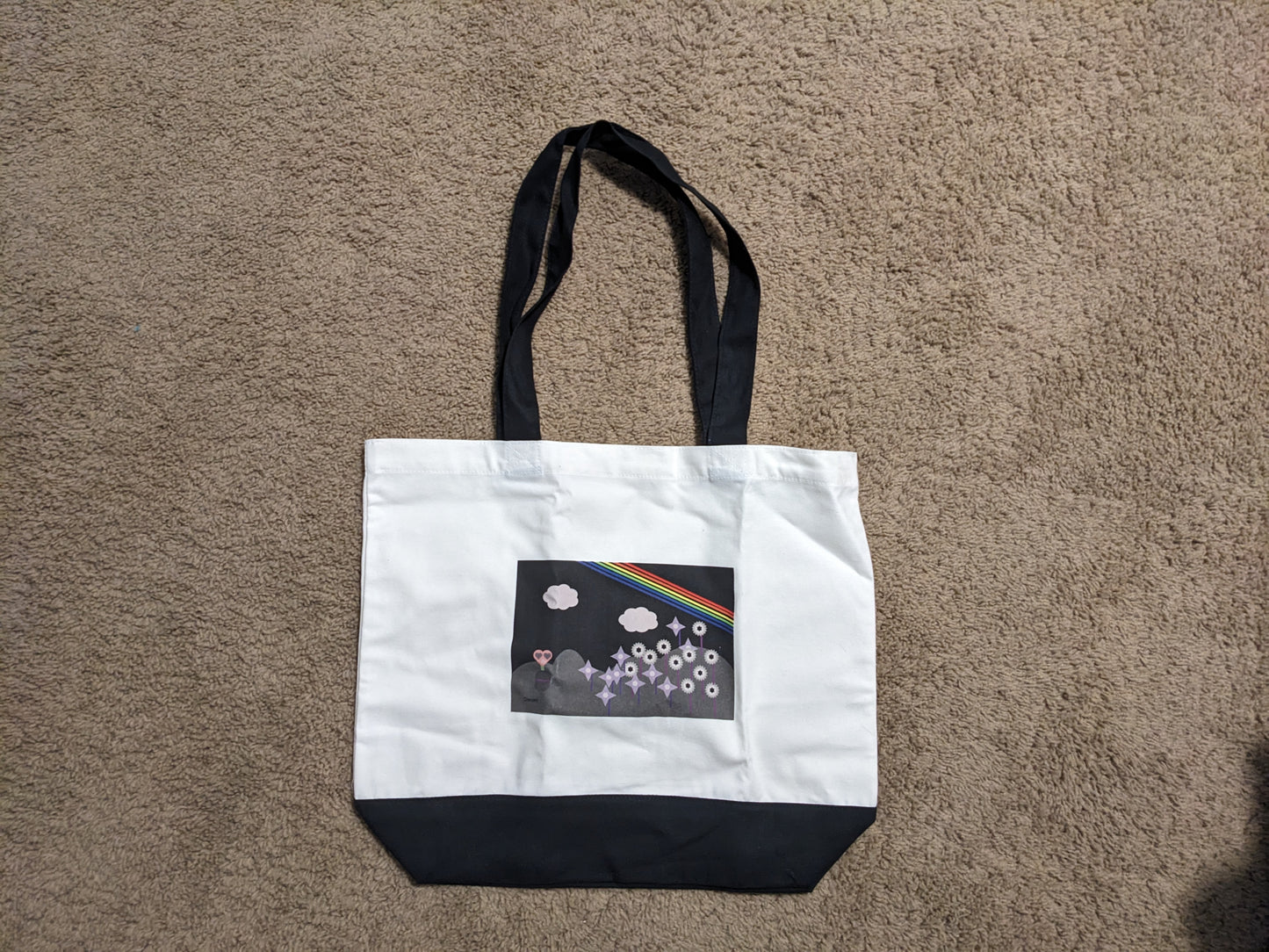 Large Midnight Rainbow Flowers Cotton Tote Bag