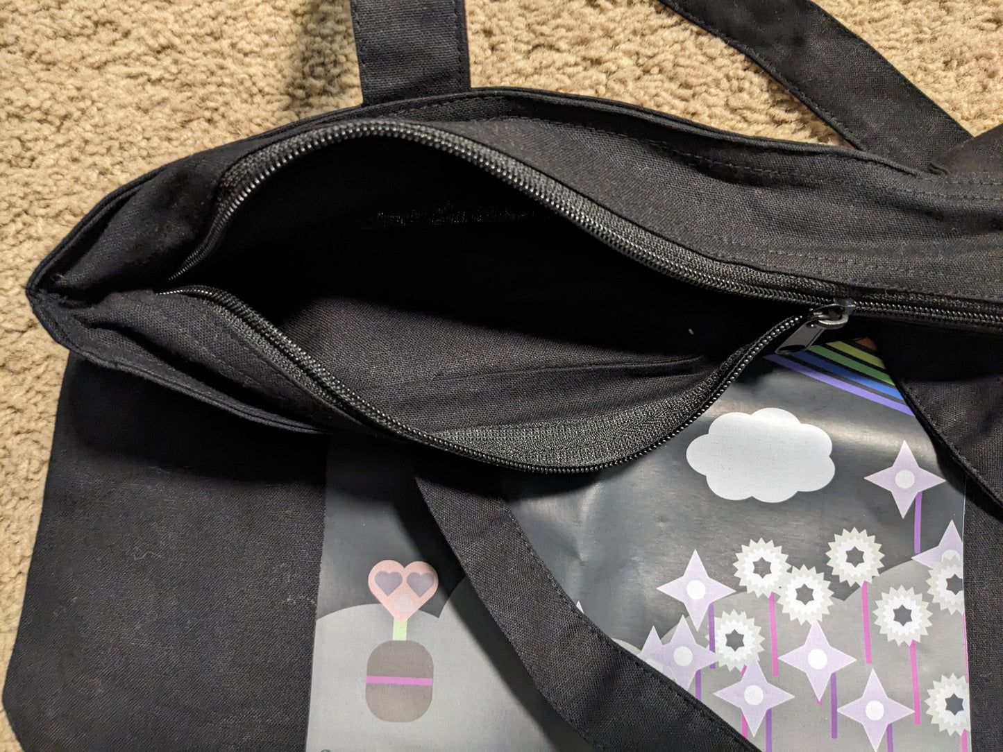 All Black Midnight Rainbow Flower Zippered Tote