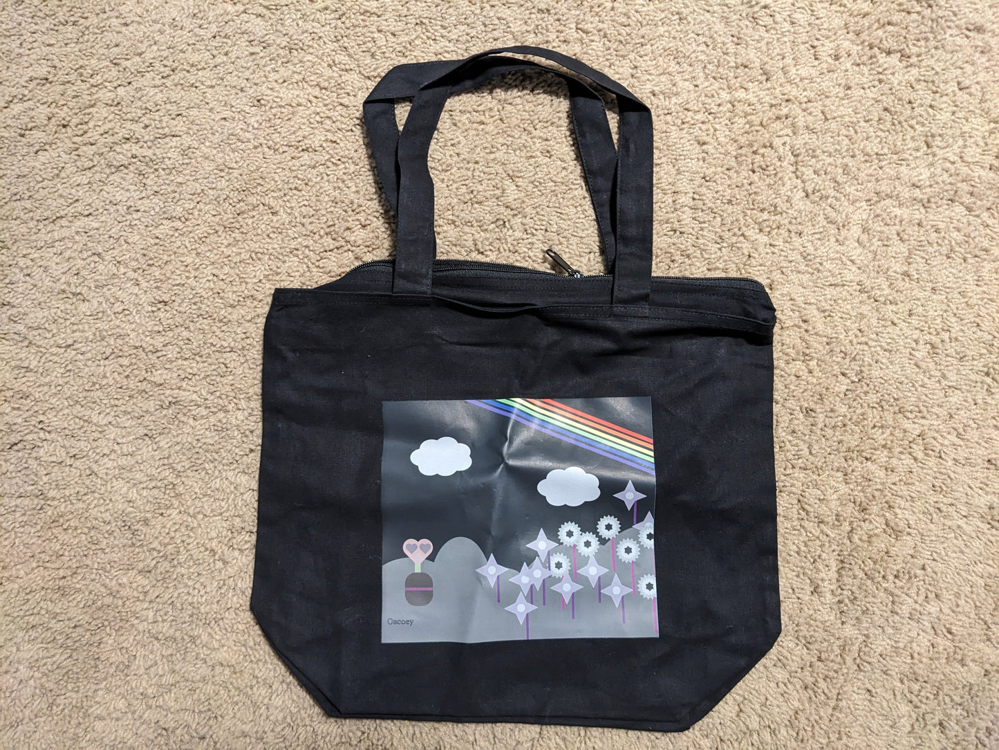 All Black Midnight Rainbow Flower Zippered Tote