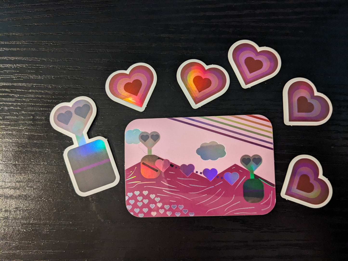 5 pack Mini Pink Holographic Rainbow Hearts